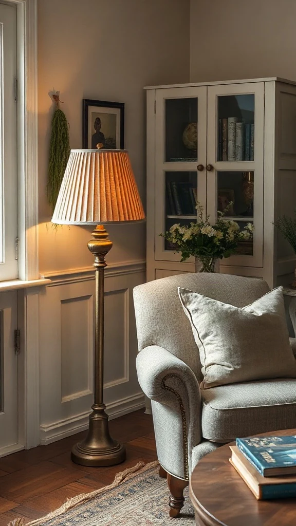 Aged brass floor lamp with a pleated linen shade tucked beside an armchair. - Cozy Cottage Sitting