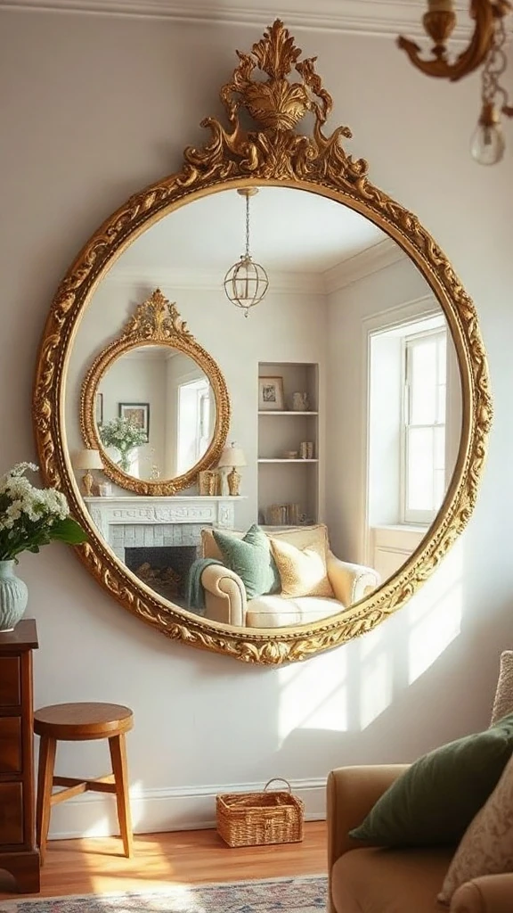 Round antique convex mirror with an ornate gilded frame reflecting a room. - Cozy Cottage Sitting