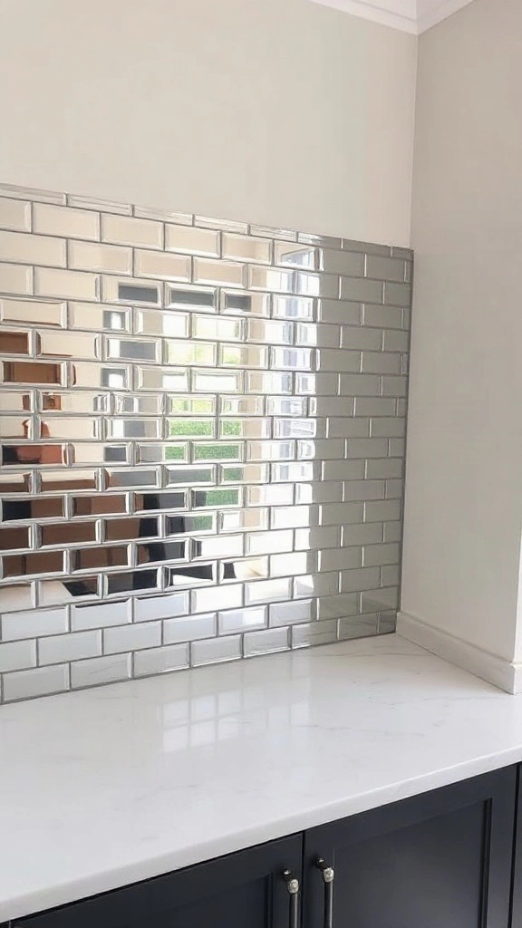 Antiqued silver mirror subway tile backsplash reflecting soft light in a compact modern kitchen. - Studio Apartment Kitchen