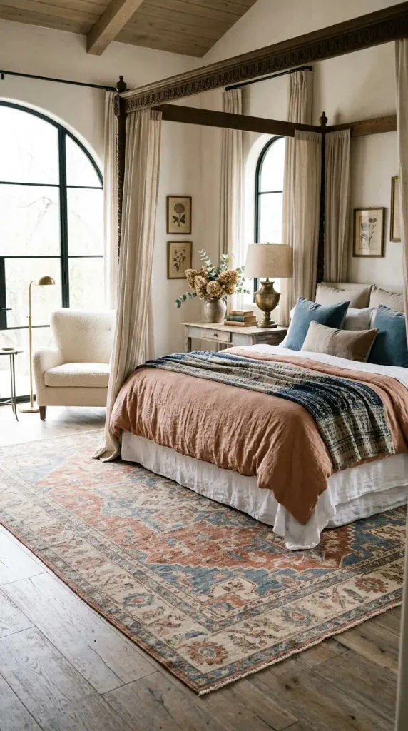 Antique hand-knotted Oushak wool rug in muted terracotta and faded denim blue under a king bed on weathered oak flooring.