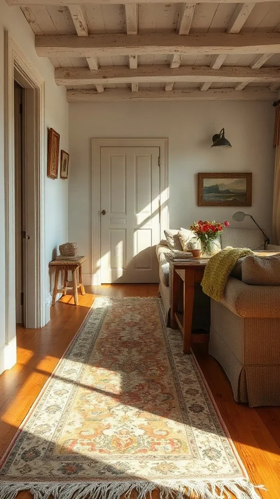Weathered antique Persian wool runner rug stretching along a timber floor. - Cozy Cottage Sitting