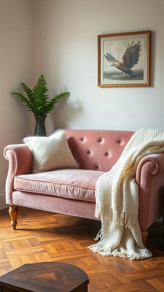 Antique rose velvet loveseat with turned wooden legs in a small cottage lounge. - Cozy Cottage Sitting