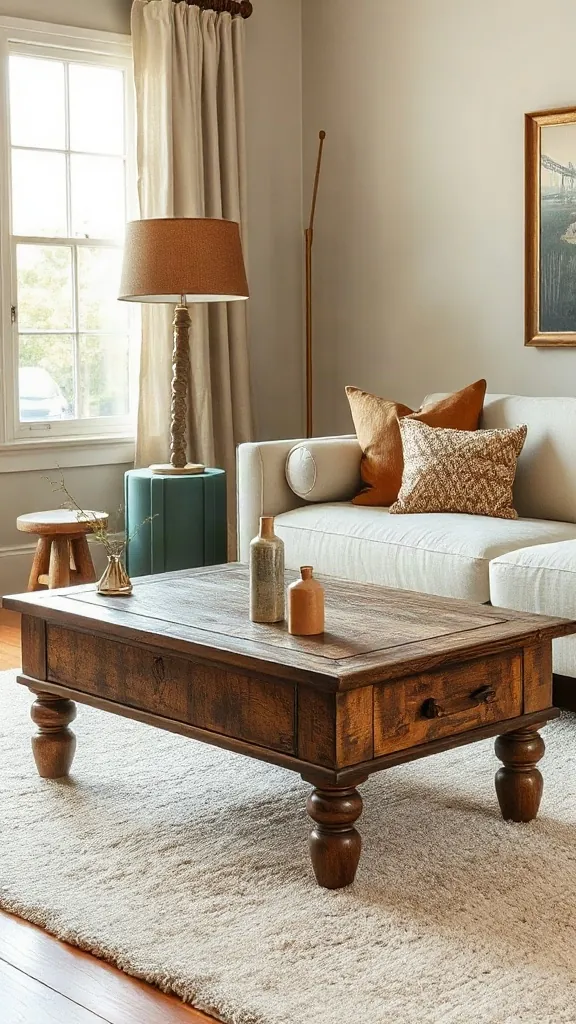 Antique rustic walnut coffee table with visible patina in a collected, warm living room setup. - Inviting Home Design