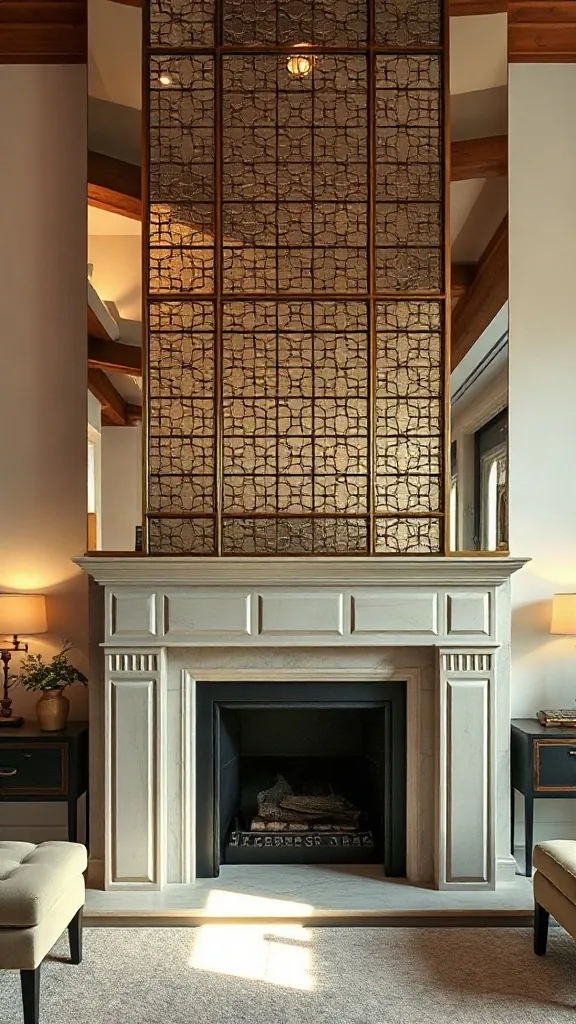 Two story fireplace ideas featuring foxed mirror panels overlaid with a brass lattice.