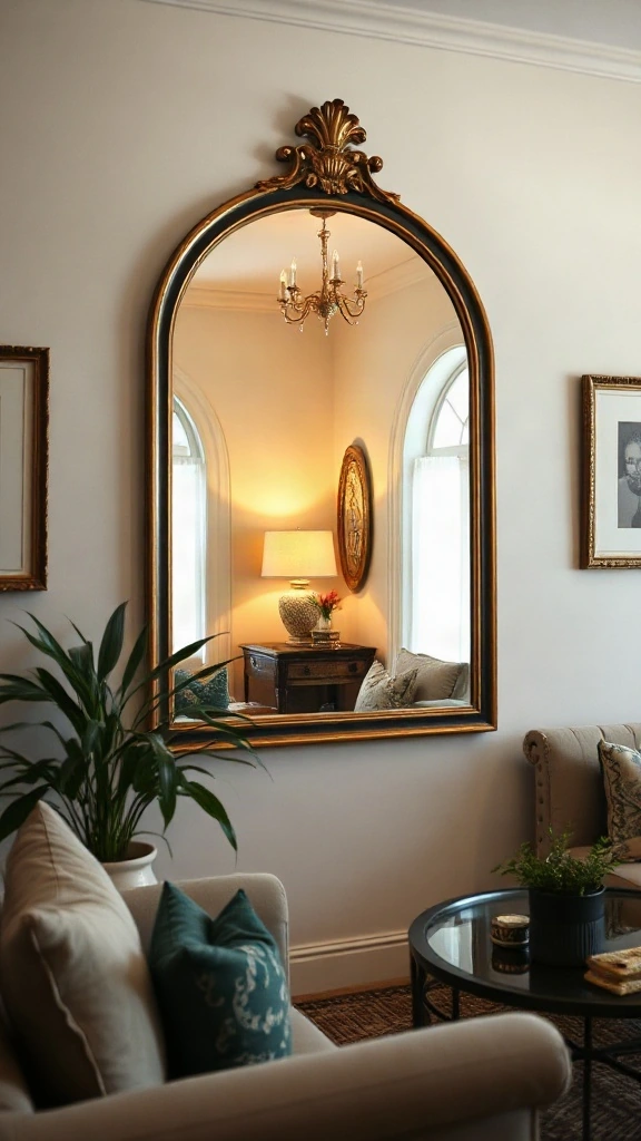 Arch-topped antiqued bronze mirror reflecting warm ambient lamp light in a living room. - Inviting Home Design