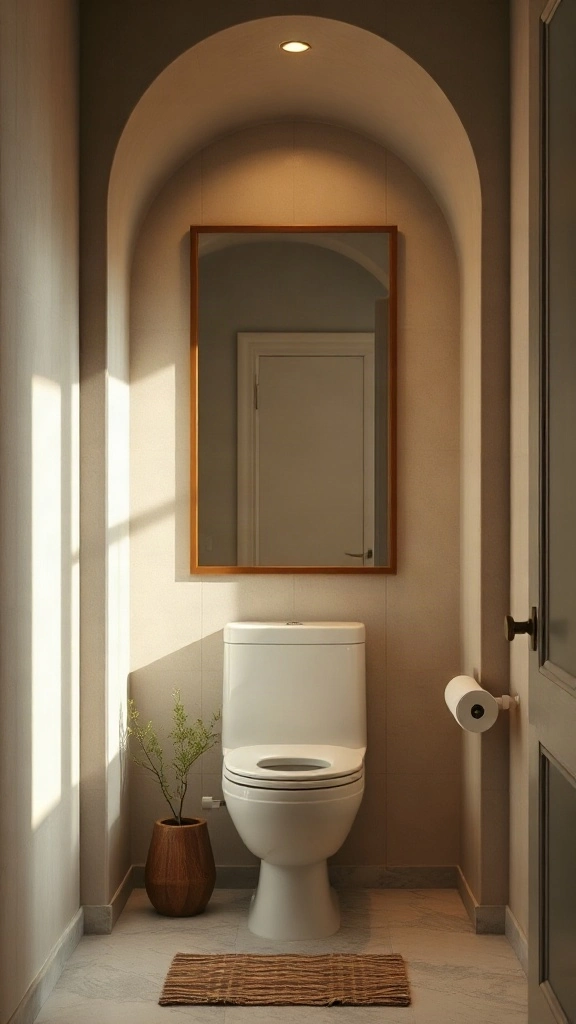 Arched wall nook toilet layout featuring a tinted bronzed mirror wall behind the commode. - Modern Water Closet Floor Plan Layout - Modern Toilet Floor Plan Layout - Small Toilet Andamp; Water Closet Floor Plan Layout Ideas