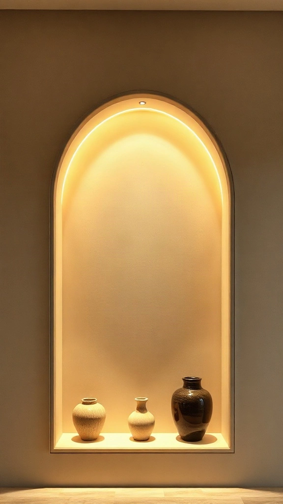Arched recessed wall niches with hidden warm LED cove lighting illuminating ceramic sculptures on plaster walls.
