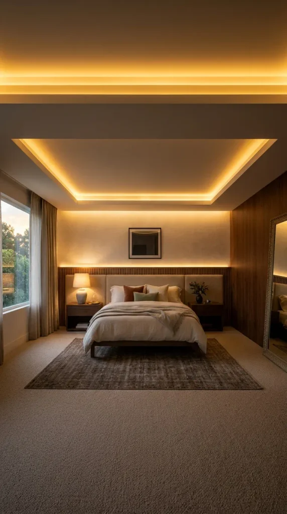 Master bedroom with architectural recessed cove lighting casting a warm glow over a minimalist headboard and sleek nightstands.
