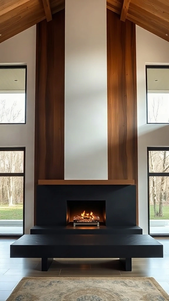 Two story fireplace ideas featuring an off-center cantilevered black granite hearth bench.