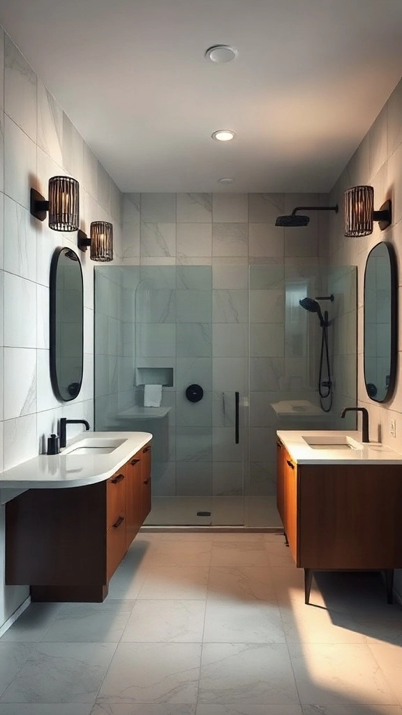 Asymmetrical L-shaped master bathroom layout with an L-shaped vanity and walk-in shower core. - Master Bathroom Layouts