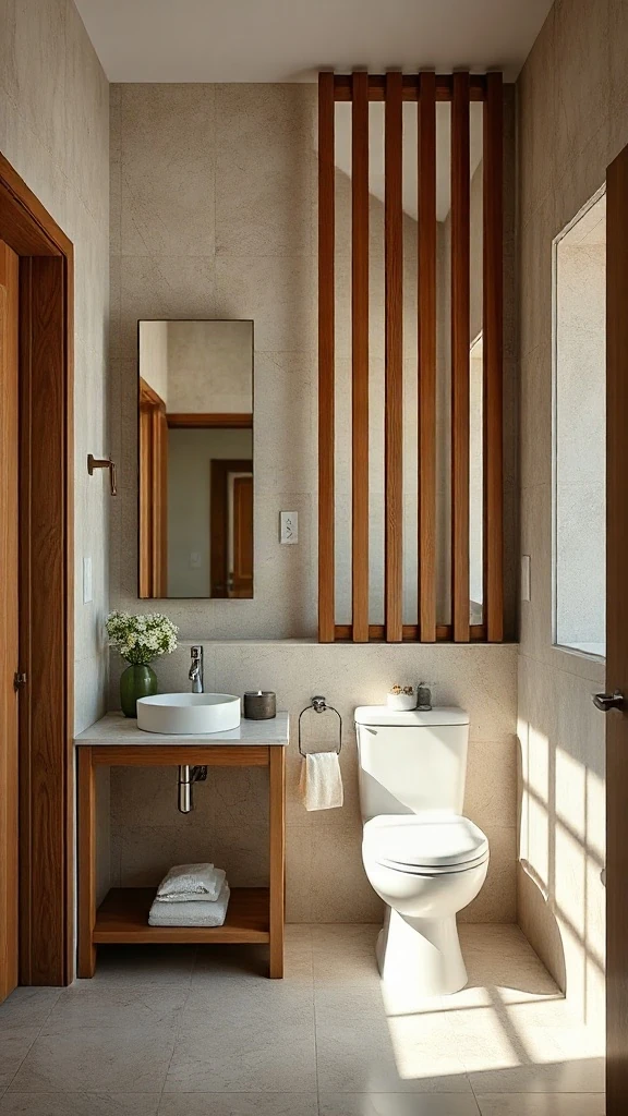Master bathroom layout featuring a half-height wood slat partition dividing vanity and toilet zones. - Master Bathroom Layouts