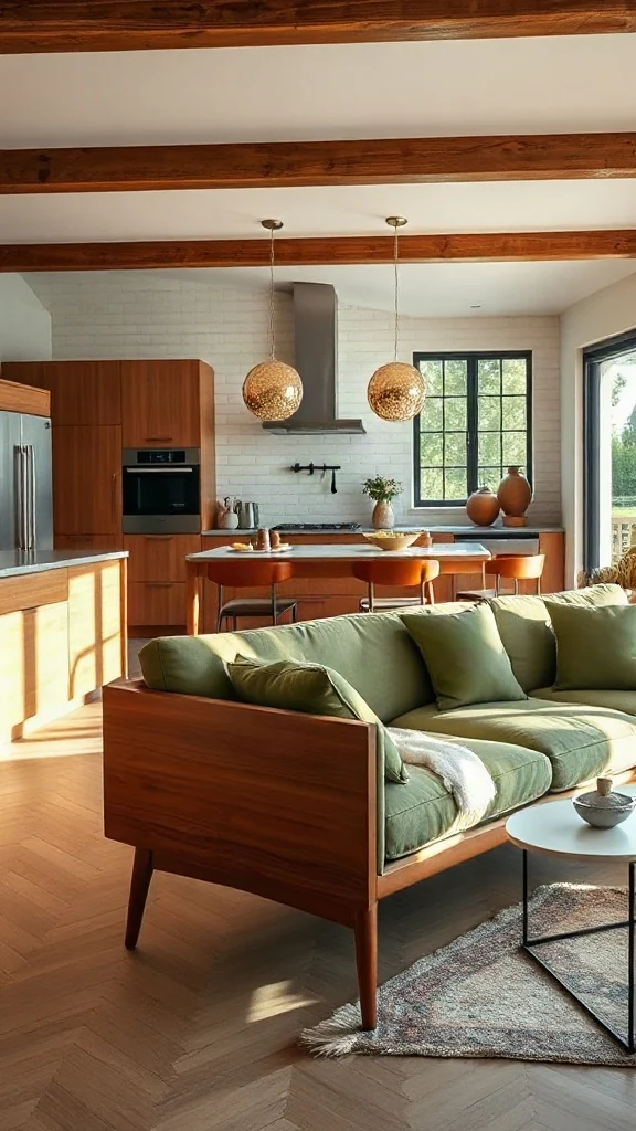 Mid-century teak sofa pushed directly against a kitchen island with olive accents.