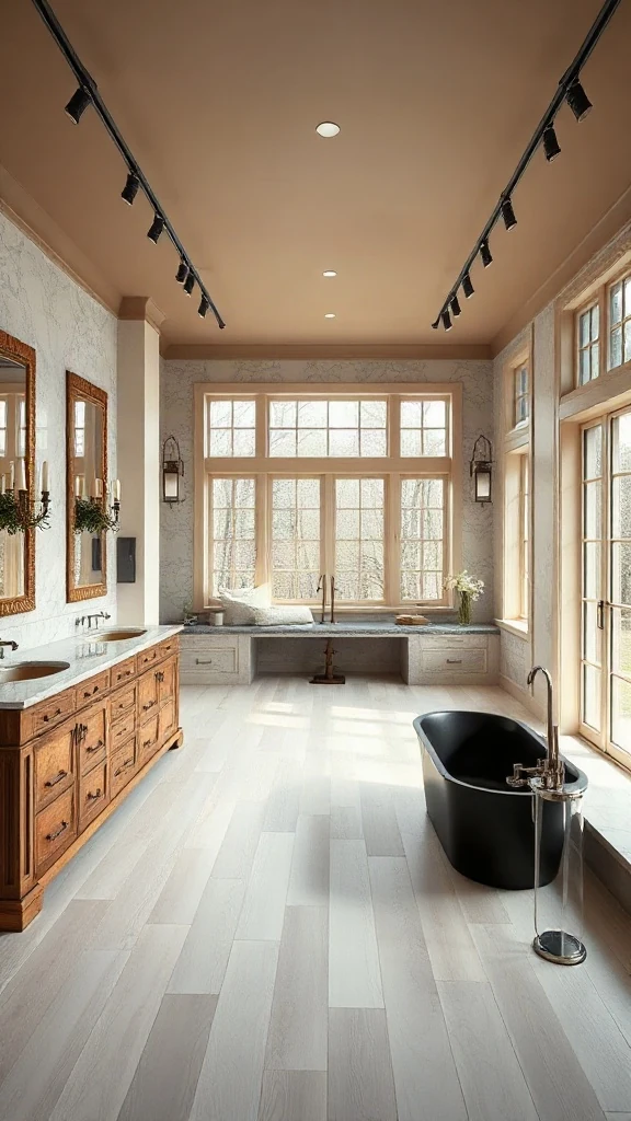 Expansive master bathroom layout featuring a central back-to-back double-sided vanity island. - Master Bathroom Layouts