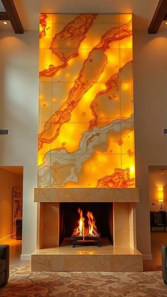 Two story fireplace ideas featuring a majestic column crafted from backlit honey onyx slabs.