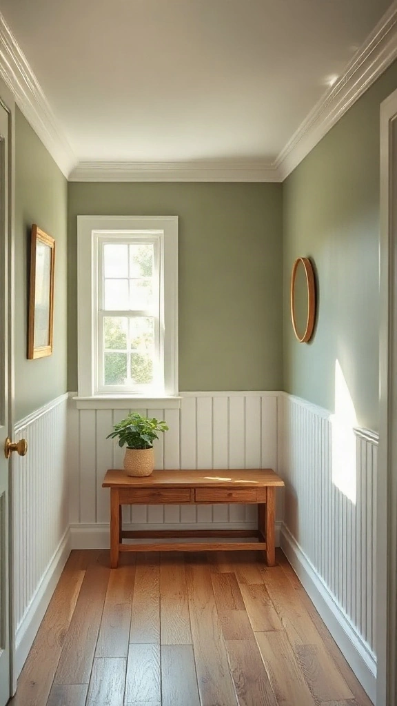 Small cottage lounge with lower white beadboard paneling and sage green upper walls. - Cozy Cottage Sitting