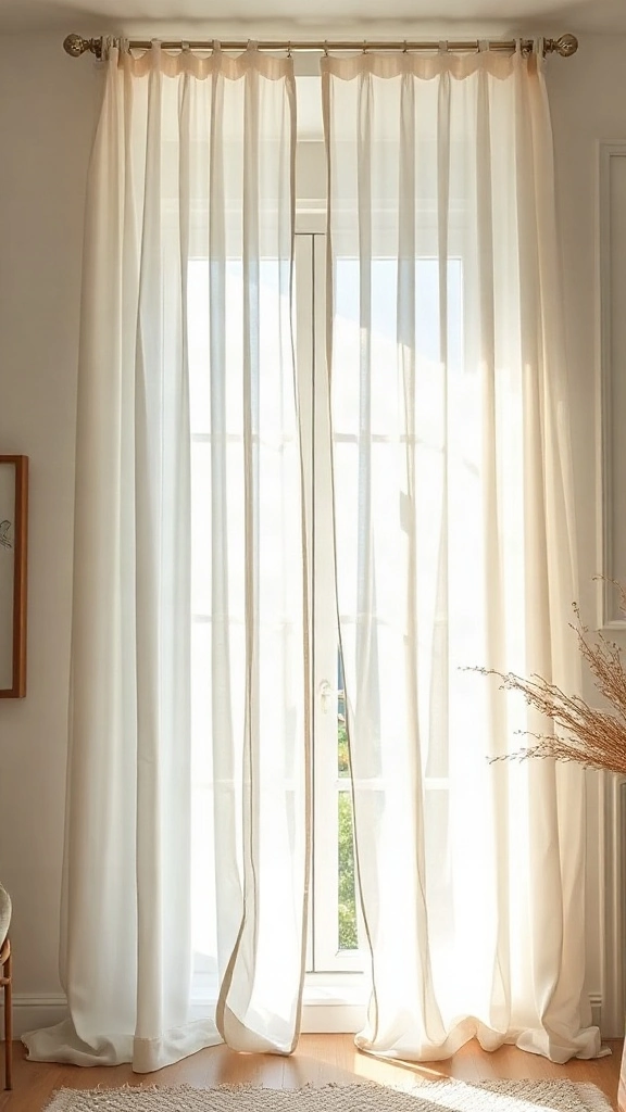 Floor-to-ceiling Belgian sheer linen drapery sweeping across a tall sunlit casement window.