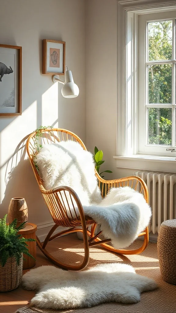 Bentwood woven rocking chair draped with a plush white sheepskin rug. - Cozy Cottage Sitting