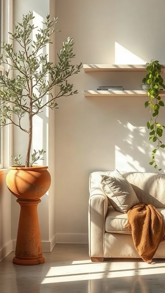 Tall mature indoor olive tree in an aged terracotta pot for biophilic design balance.