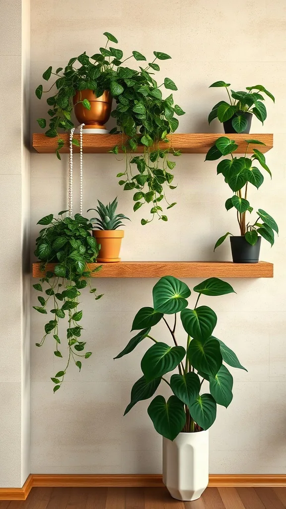 Floating oak ledges holding cascading pothos and potted greenery against a warm concrete accent wall.