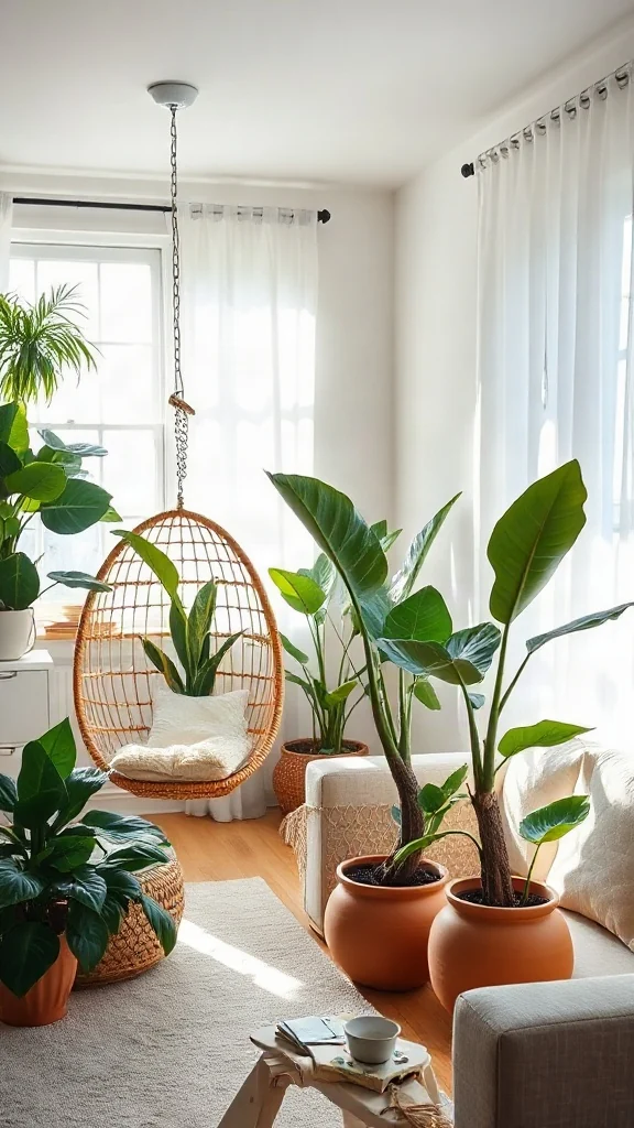 Bright plant-filled sunroom featuring a rattan swing chair and linen sofa.