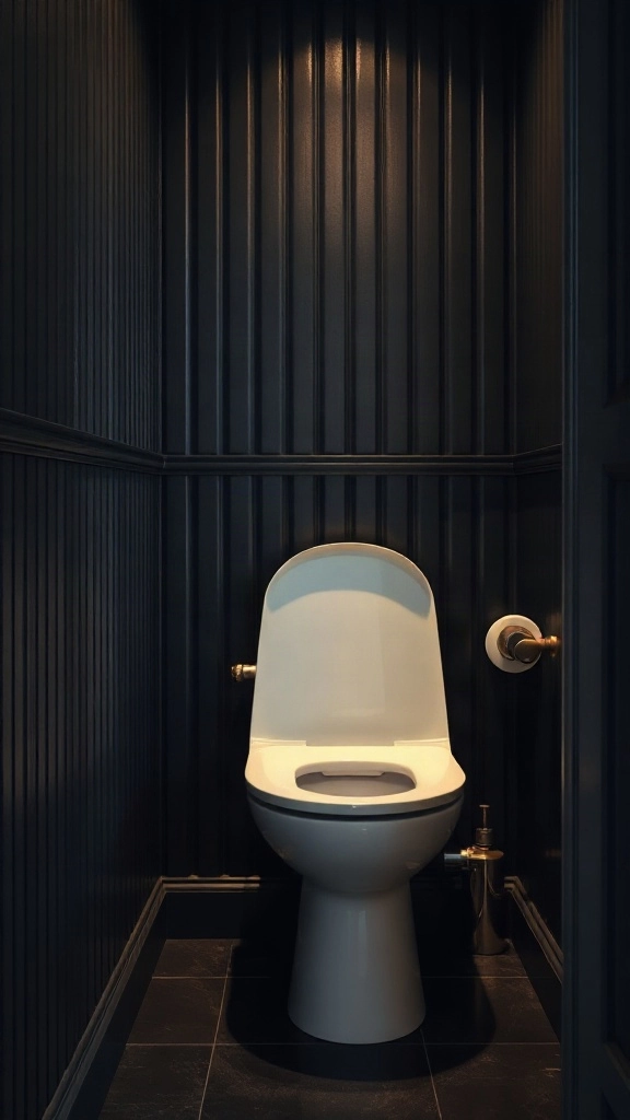 High-contrast black and white toilet layout with matte black wood paneled walls. - Modern Water Closet Floor Plan Layout - Modern Toilet Floor Plan Layout - Small Toilet Andamp; Water Closet Floor Plan Layout Ideas