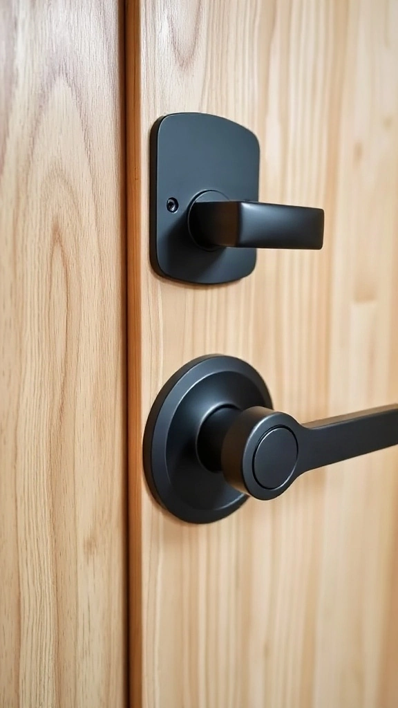 Modern matte black smart lock and matching handle installed on a clean light oak wood front door.