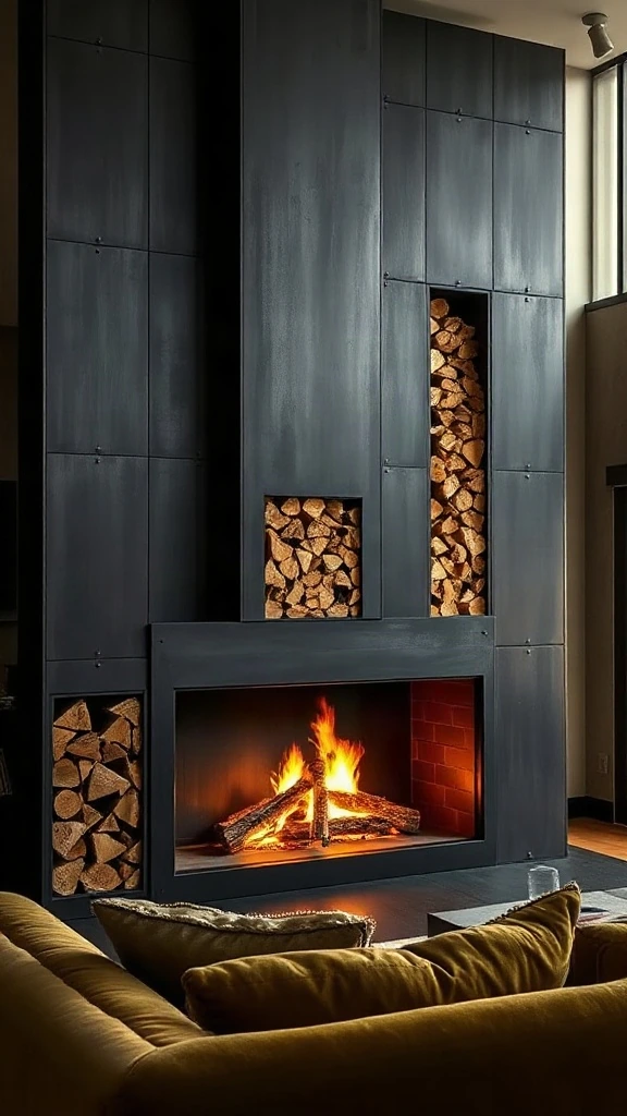 Two story fireplace ideas featuring a blackened steel tower with vertical log storage.