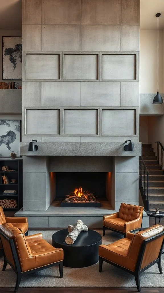 Two story fireplace ideas featuring a monolithic 19-foot board-formed concrete chimney wall.