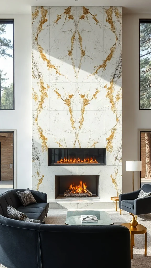 Two story fireplace ideas featuring a bookmatched white Calacatta quartzite slab tower.