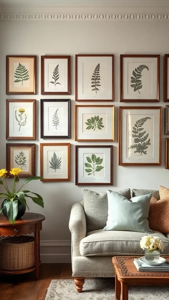 Tightly grouped gallery wall of antique botanical prints in thin walnut frames. - Cozy Cottage Sitting