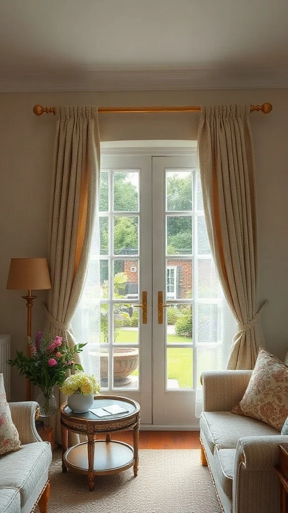 Vintage brass curtain rods with tailored linen drapery framing French doors. - Cozy Cottage Sitting