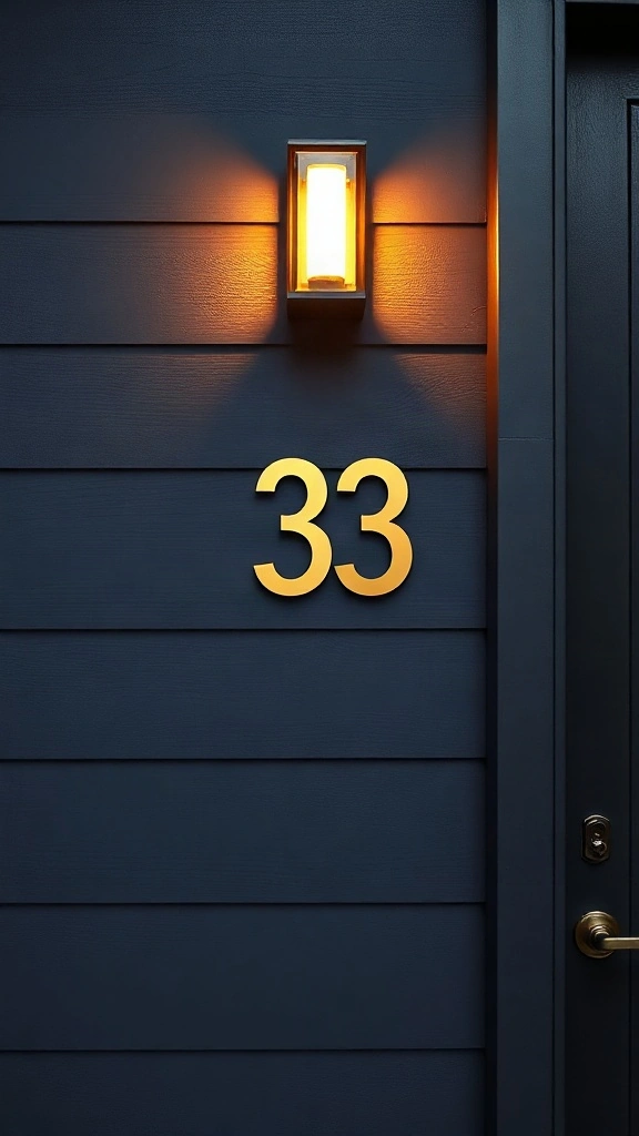 Floating brass house numbers mounted vertically on dark charcoal grey siding with warm LED top lighting.