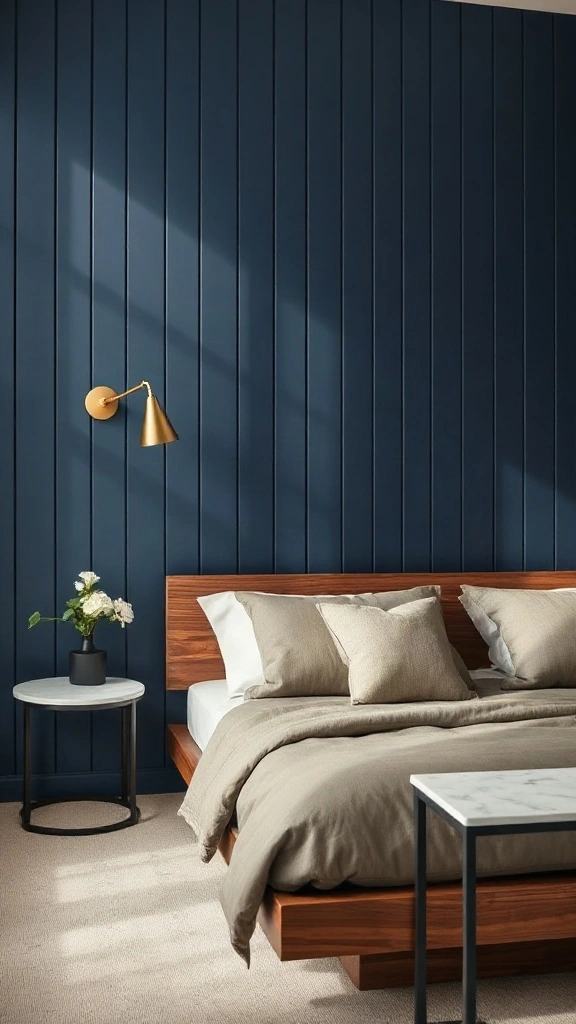 Brushed brass swing-arm sconces mounted on indigo board and batten bedroom wall - Navy Blue Bedroom