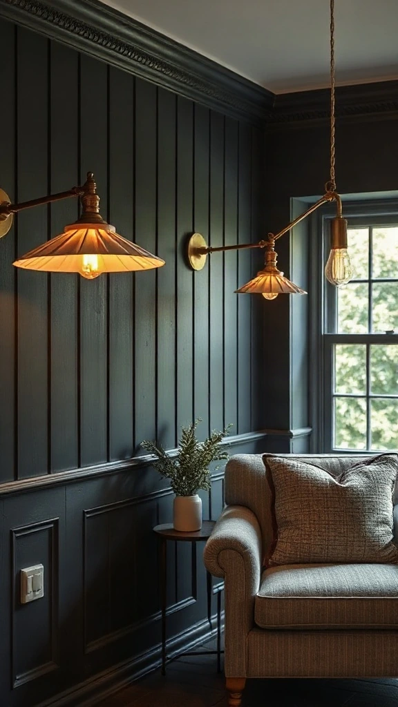 Antique brass swing-arm reading lamps mounted on dark paneled cottage walls. - Cozy Cottage Sitting