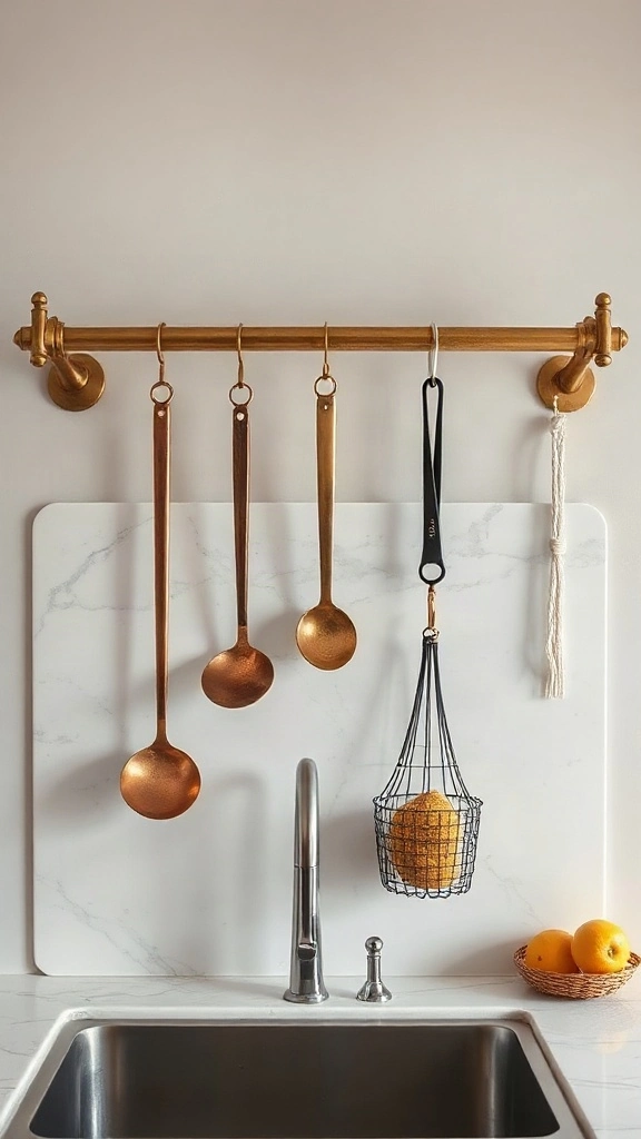 Unlacquered brass utility hanging rail holding copper ladles above a marble backsplash in a studio. - Studio Apartment Kitchen