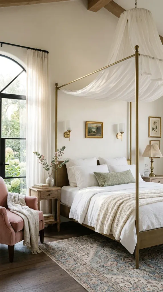 Slender brushed brass metal canopy bed draped with sheer white batiste fabric in a romantic master bedroom.