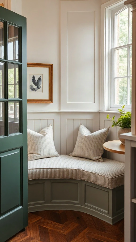 Custom corner banquette bench with lift-up seating in ticking stripe fabric. - Cozy Cottage Sitting