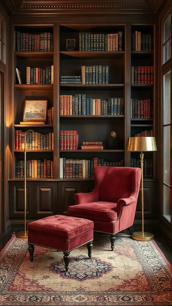 Floor-to-ceiling dark oak bookshelves with burgundy velvet armchair in reading den.