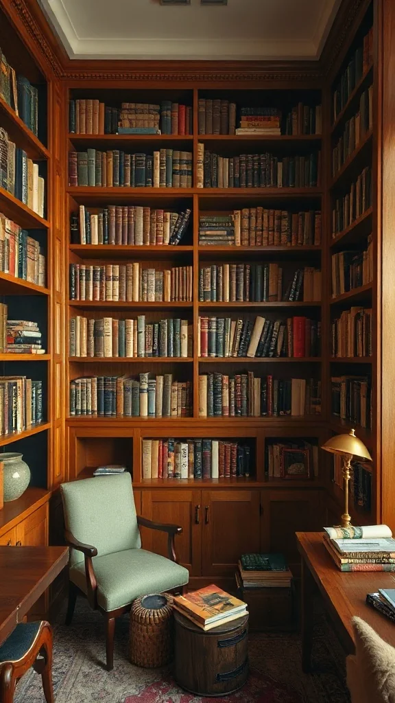 Floor-to-ceiling walnut built-in bookshelves filled with vintage hardcovers and brass bookends. - Inviting Home Design