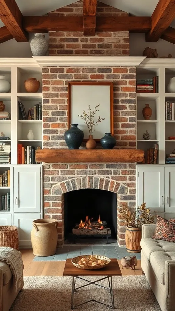 White built-in bookshelves flanking a brick fireplace hearth in a cottage lounge. - Cozy Cottage Sitting