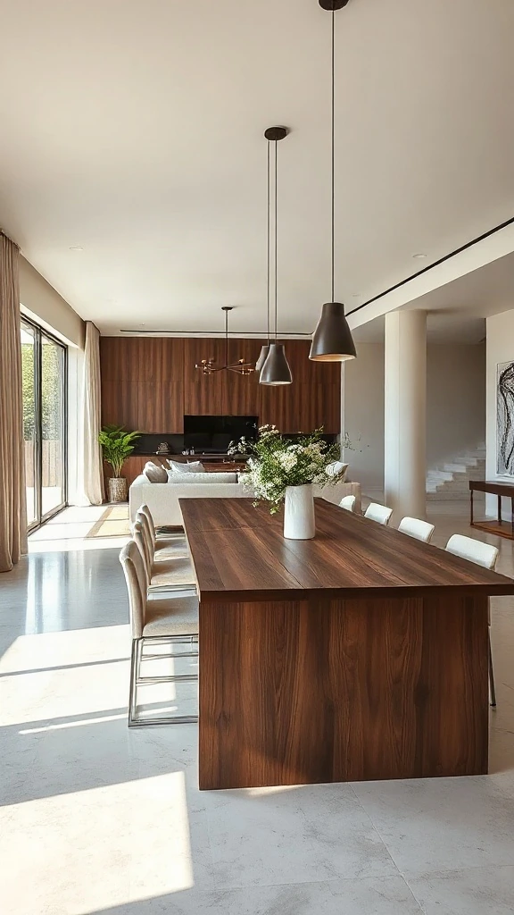 Dramatic cantilevered walnut island extending into minimalist living room.