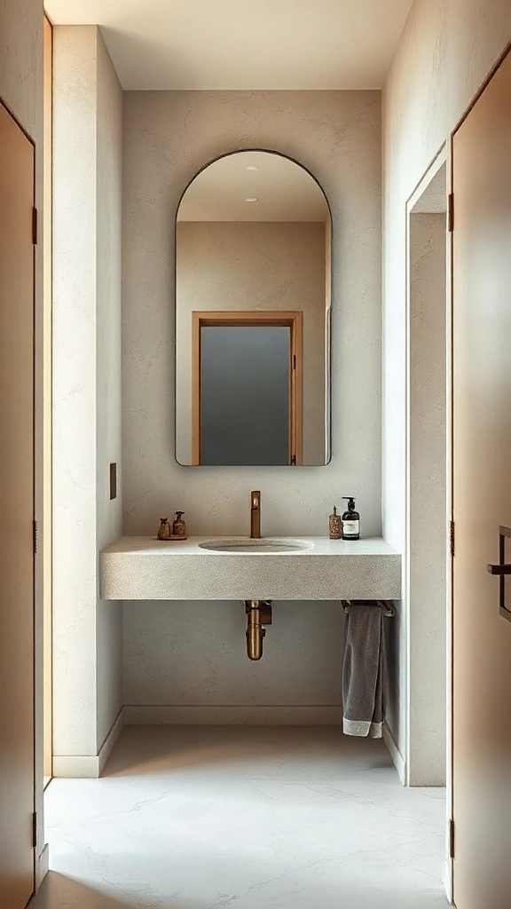 Cantilevered concrete counter with arched mirror in a narrow rectangular master bathroom layout.