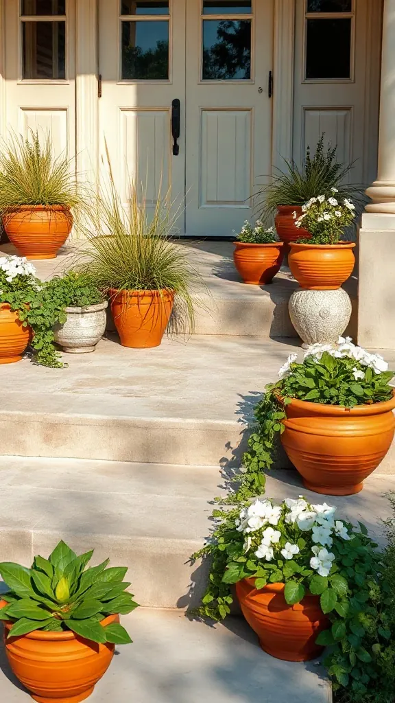Wide concrete front steps decorated with terracotta and stone planters full of grasses and white flowers.