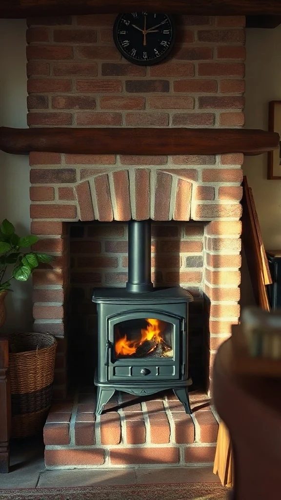 Compact matte black cast iron stove set against a brick hearth in a cottage lounge. - Cozy Cottage Sitting