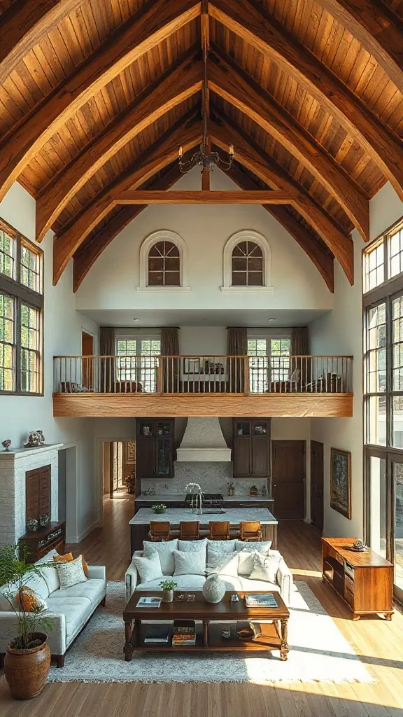 Cathedral ceiling with timber beams, lofted mezzanine, and open living space.