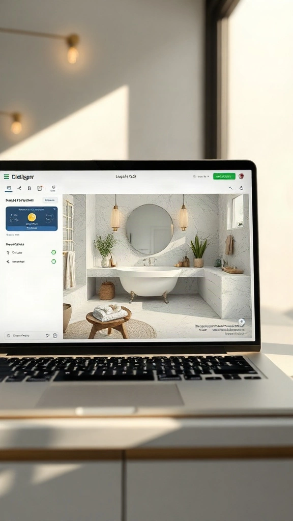 Cedreo Bath Studio Online Spa-like bathroom layout displayed on laptop screen using online bath design tool