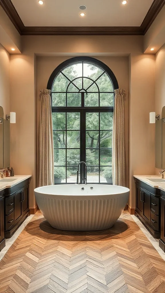 Master bathroom layout centered around a fluted stone freestanding soaking tub with large architectural windows. - Master Bathroom Layouts