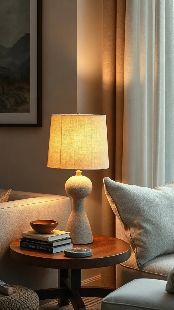 Ceramic mushroom table lamp emitting warm ambient light on a dark timber side table. - Inviting Home Design