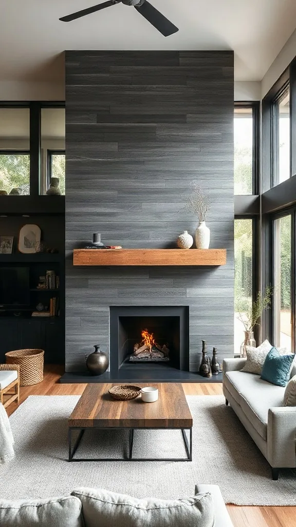 Two story fireplace ideas showing wide horizontal charcoal grey shiplap cladding.