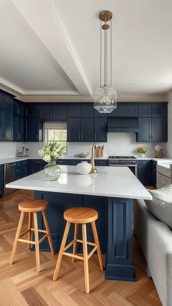 Classic L-shaped kitchen with navy cabinets, white quartz island, and open living room.